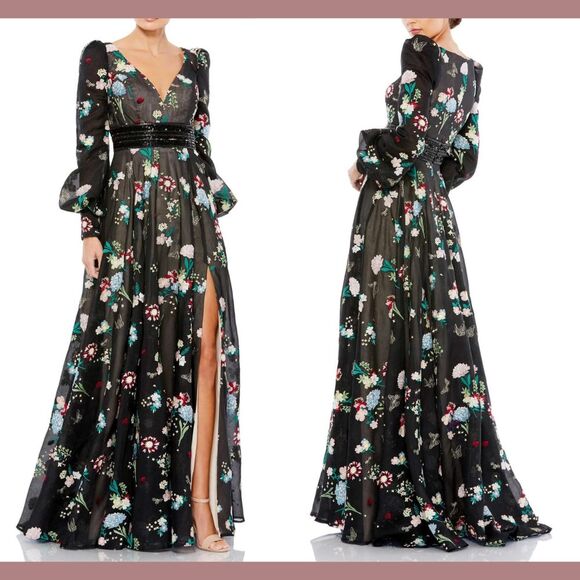 NEW Mac Duggal [ 6 ] 79361 Embroidered‎ Bishop Sleeve V Neck Flowy Gown Black - Picture 1 of 16